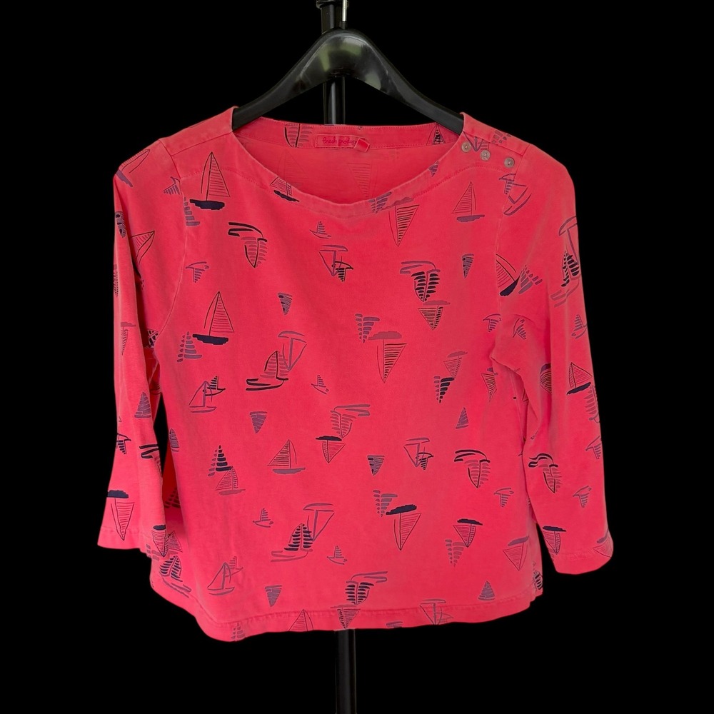 90's Fresh Produce Sailboat Print Top Coral Pink 3/4 Bell Sleeve Boat Neck S